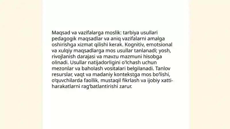 Tarbiya usullarini tanlashga qoʻyiladigan talablar 3