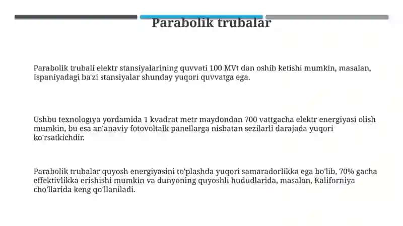 Quyosh energiyasini elektr energiyasiga aylantirish usullari 3