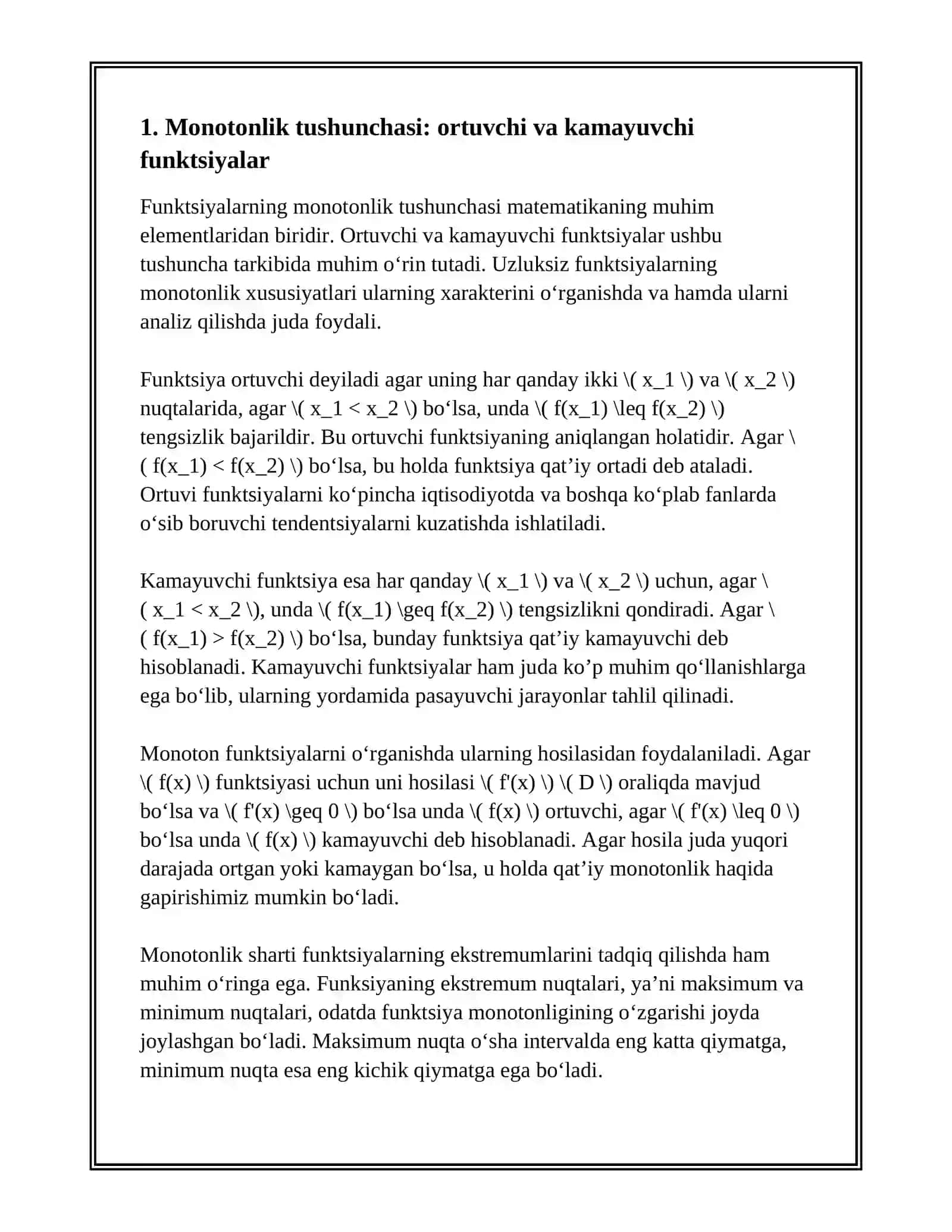 FUNKTSIYALARNING MONOTONLIK SHARTI. EKSTREMUMLAR 3