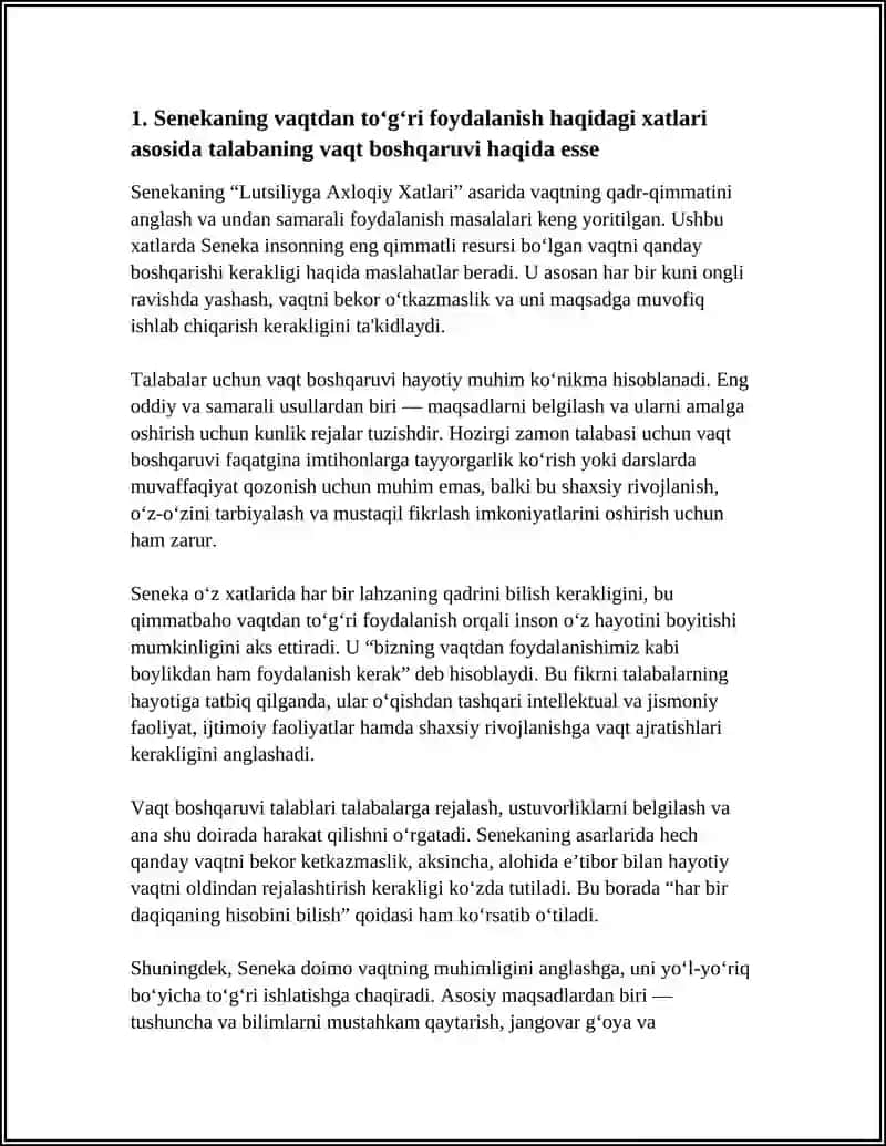 SENEKANING “LUTSILIYGA AXLOQIY XATLARI” ASARINI O‘QISH VA SHU XATLAR ASOSIDA TALABALARNING O‘Z HAYOTI VA FAOLIYATIGA BAHO BERILGAN ESSE TAYYORLASH 3