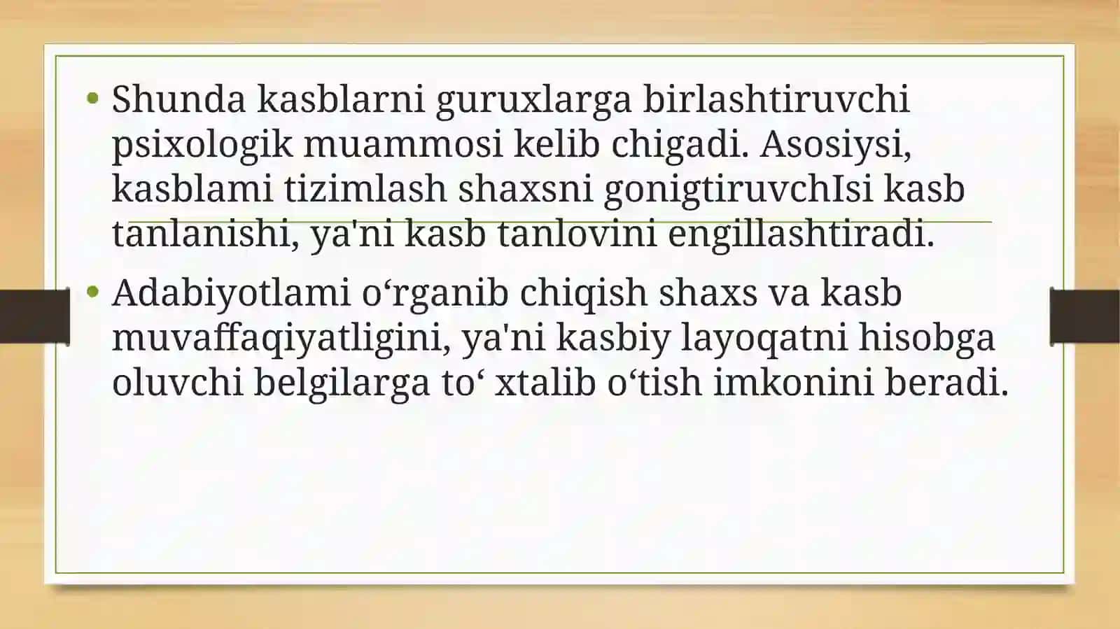 Kasblar va ularning klassifikatsiyasi hamda professiografiya mehnat psixologiyasining asosiy tushunchalari hisoblanadi 3