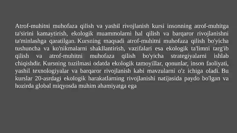 Atrof-muhitni muhofaza qilish va yashil rivojlanish kursi, maqsadi, vazifasi, tuzilmasi va tarixi 3