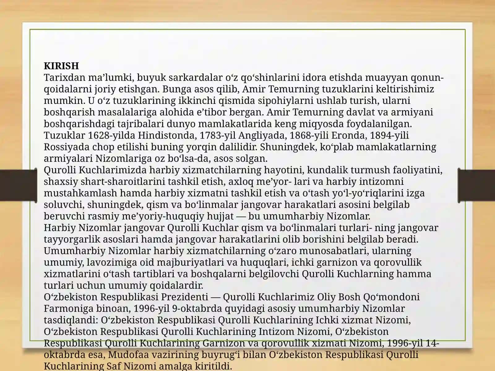 "O’zbekiston Respublikasi Qurolli kuchlarining Harbiy nizomlari" 3