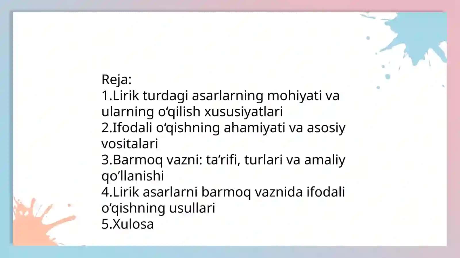 Lirik turdagi asarlarni ifodali oʻqish va barmoq vazni 3