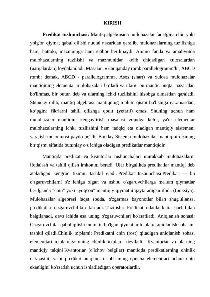 Predikat tushunchasi, kvantorlar va ularning mantiqiy talqini 3