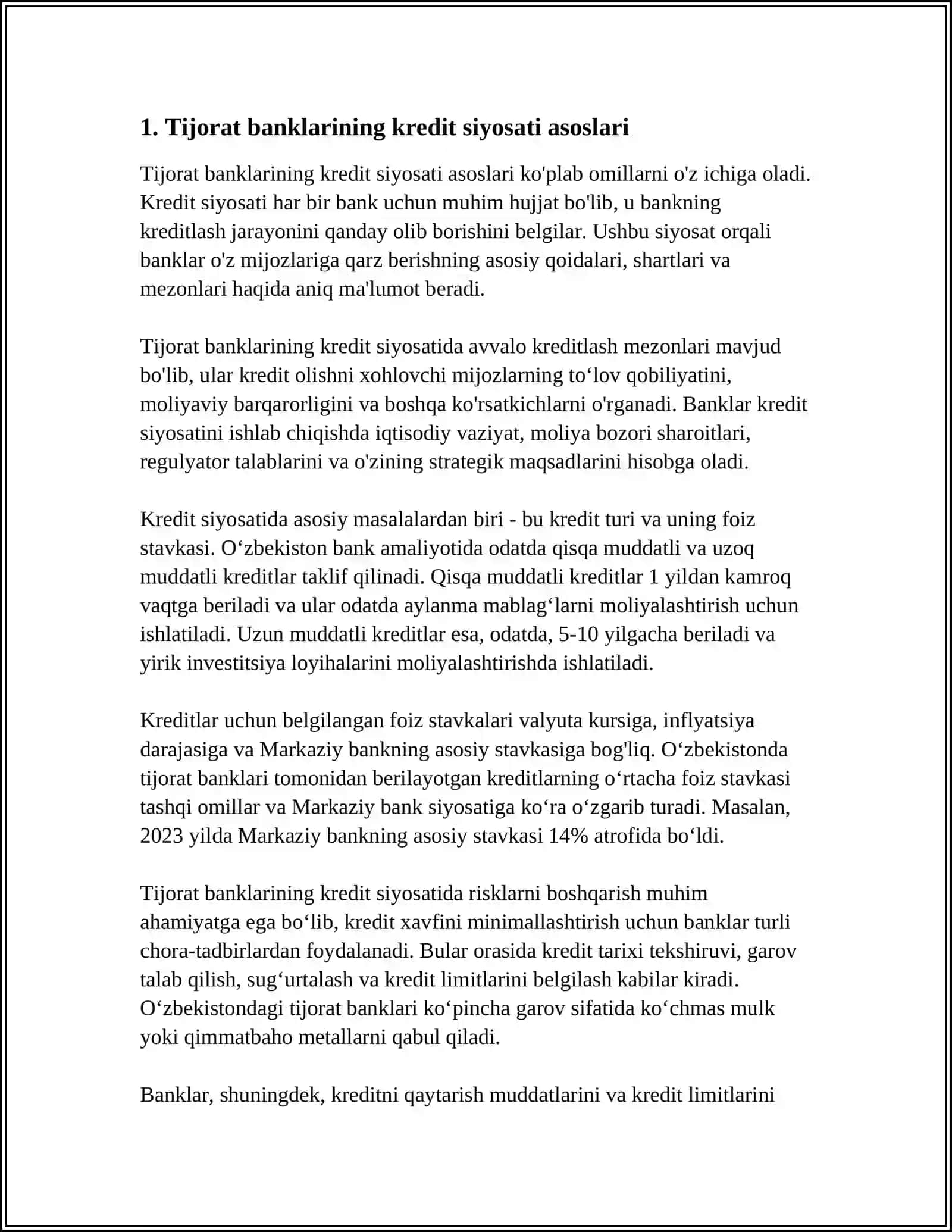 MUSTAQIL ISH Mavzu: TIJORAT BANKLARINING KREDIT SIYOSATI 3