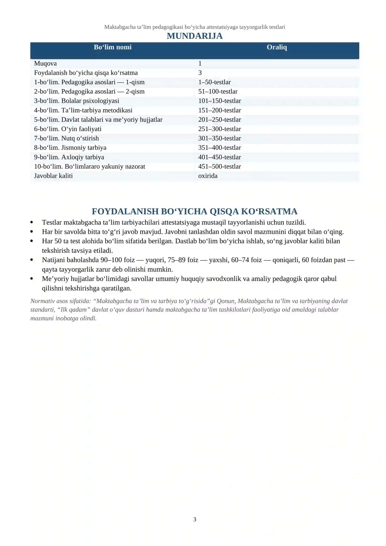 Maktabgacha ta’lim pedagogikasi bo‘yicha attestatsiyaga tayyorgarlik testlari 3