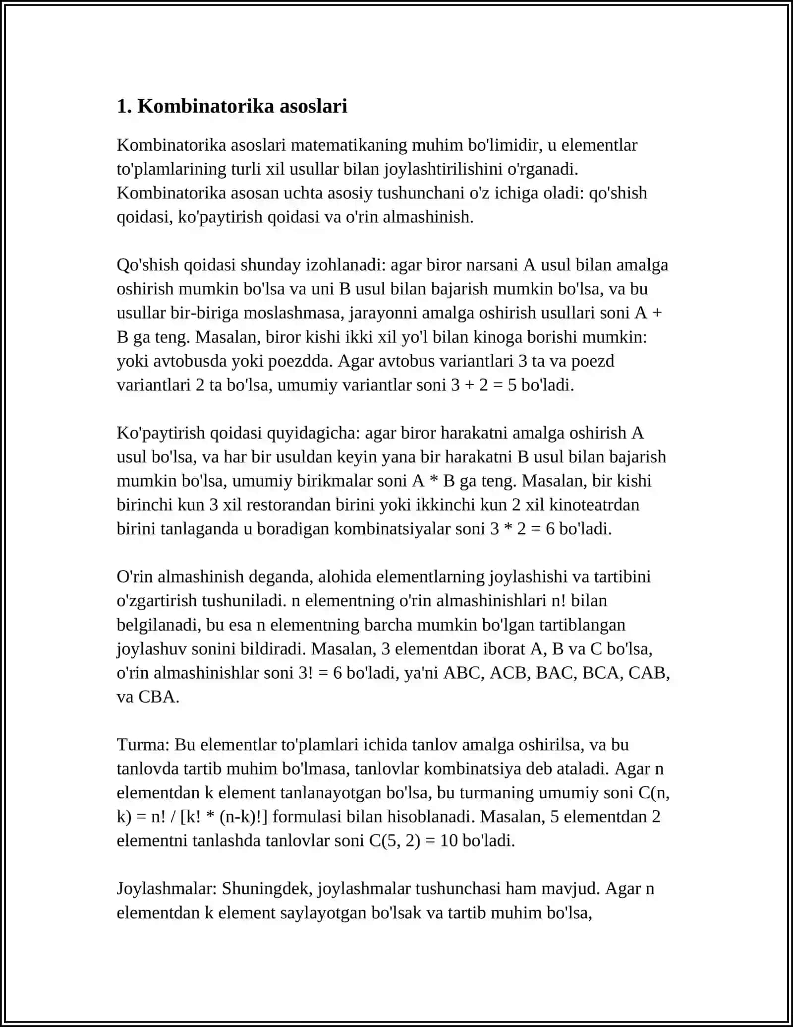 MUSTAQIL ISH Mavzu: AKADEMIK LITSEYLARDA KOMBINATORIKA ELEMENTLARINI O‘QITISH METODIKASI 3