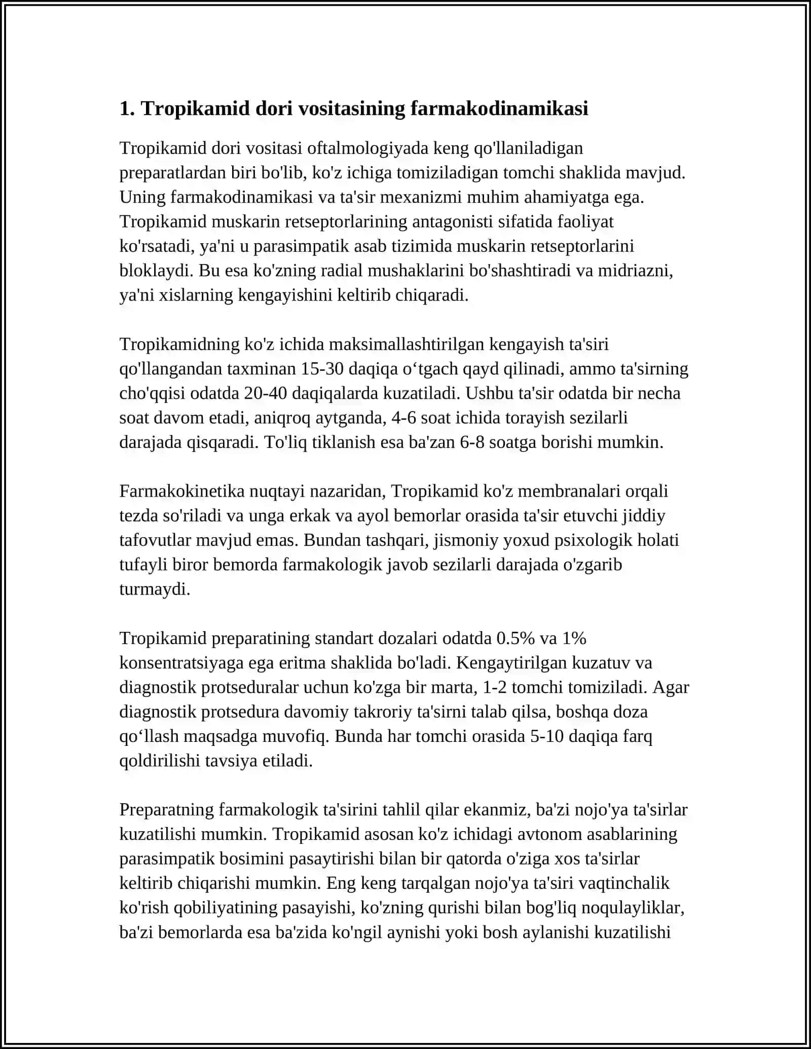 MUSTAQIL ISH Mavzu: TROPIKAMID DORI VOSITASINING FARMAKOLOGIYASI 3