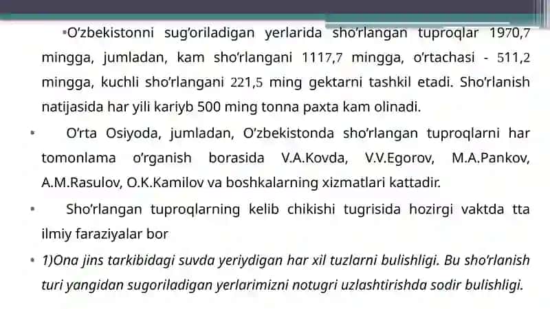 TUPROQLARNI SHO’RLANISH DARAJASI TURLARINI ANIQLASH VA TUPROQ SHO’RLANISHINI OLDINI OLISH CHORA-TADBIRLARI 3