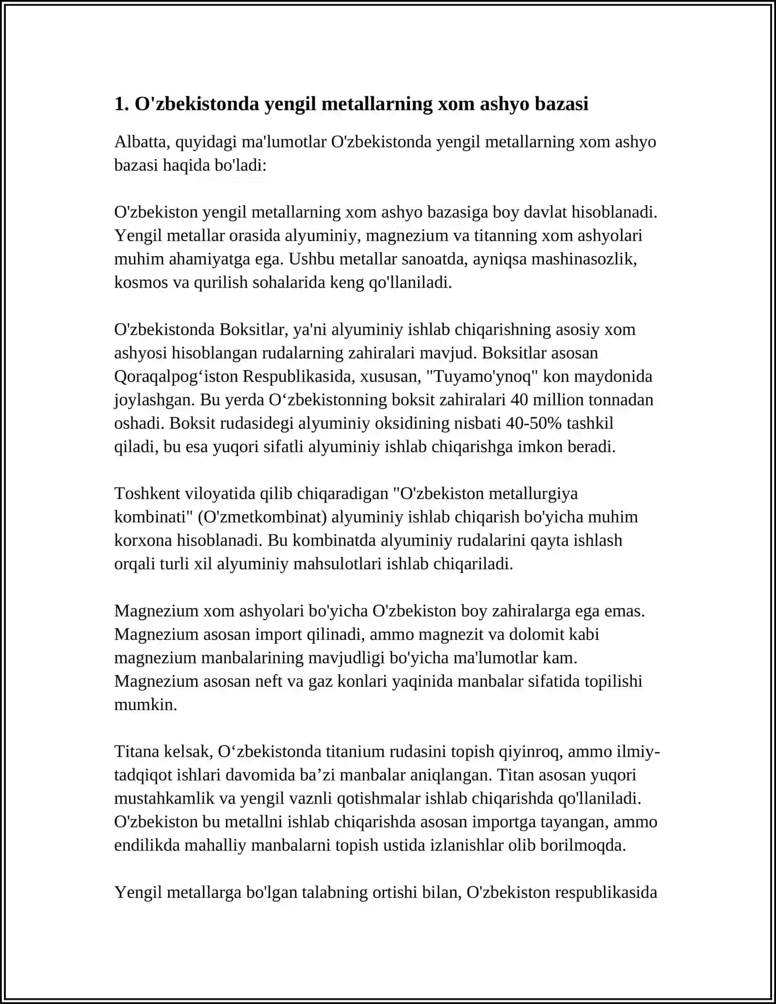RESPUBLIKAMIZDAGI MAVJUD XOM ASHYO BAZASIDAN YENGIL METALLAR ISHLAB CHIQARISH IMKONIYATI 3
