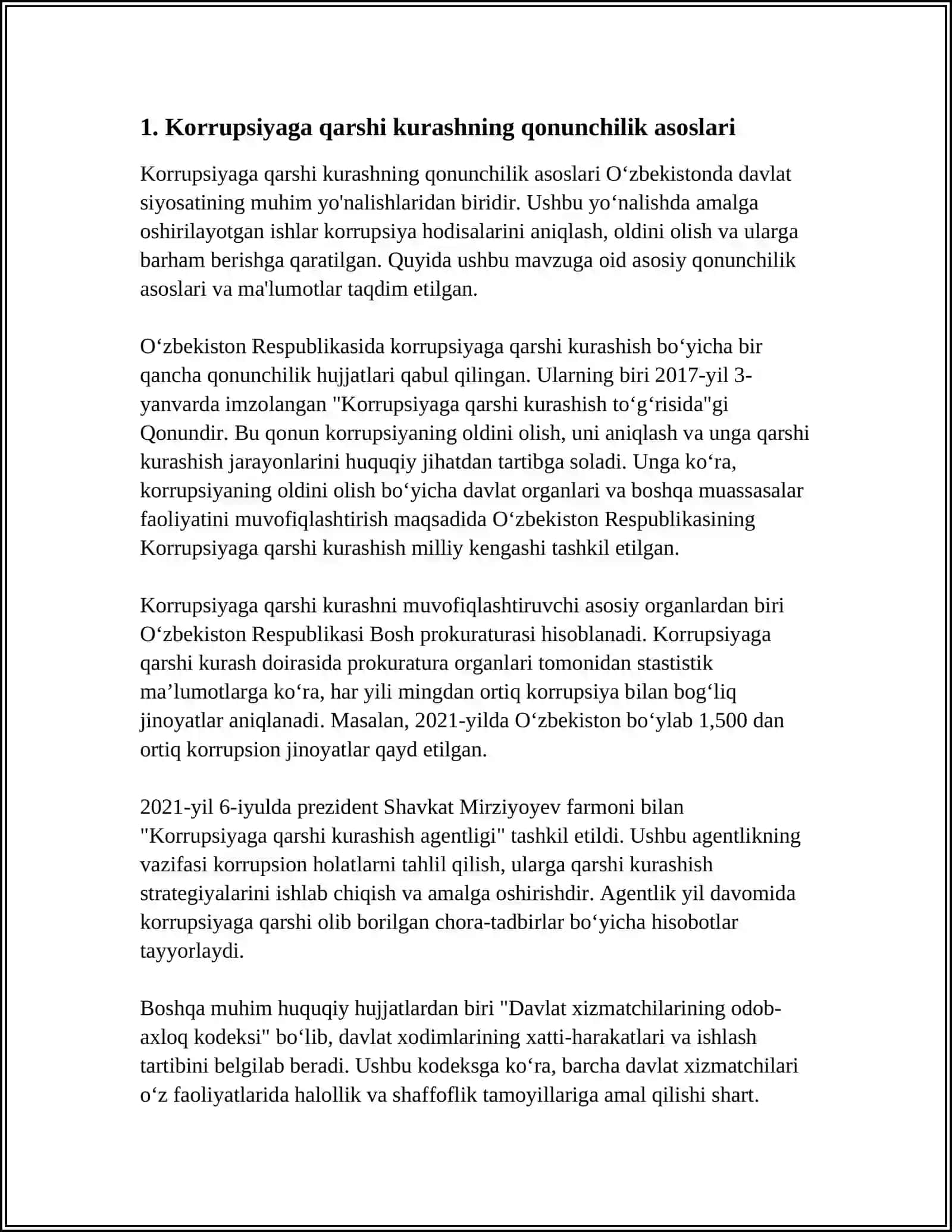 OʻZBEKISTONDA KORRUPSIYAGA QARSHI KURASHGA DOIR HUQUQIY ASOSLARNING YARATILISHI VA TAKOMILLASHTIRILISHI 3