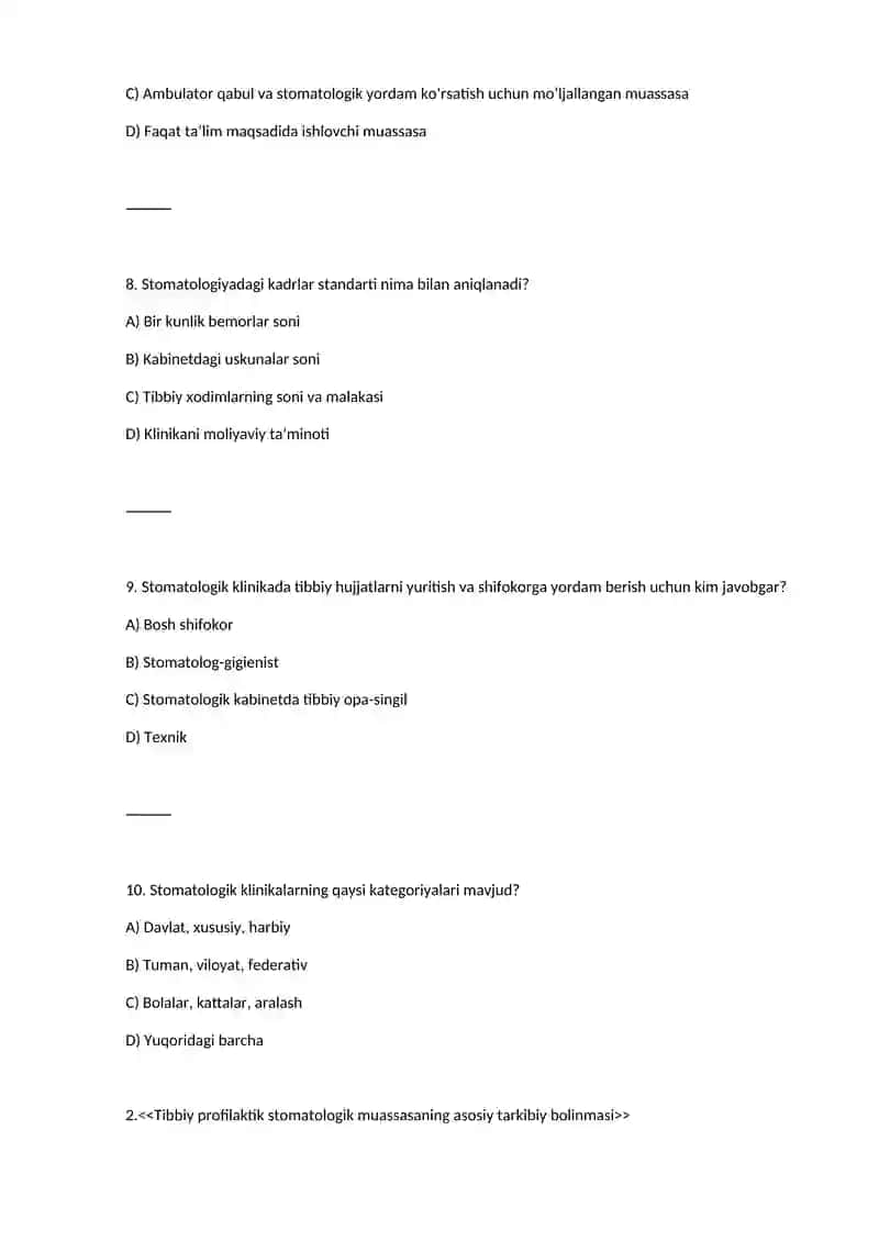 Stomatologiyaga kirish. Stomatologiya rivojlanishining asosiy bosqichlari. Mahally stomatologiya va asosiy maktablarning rivojlanish bosgichlari test 3