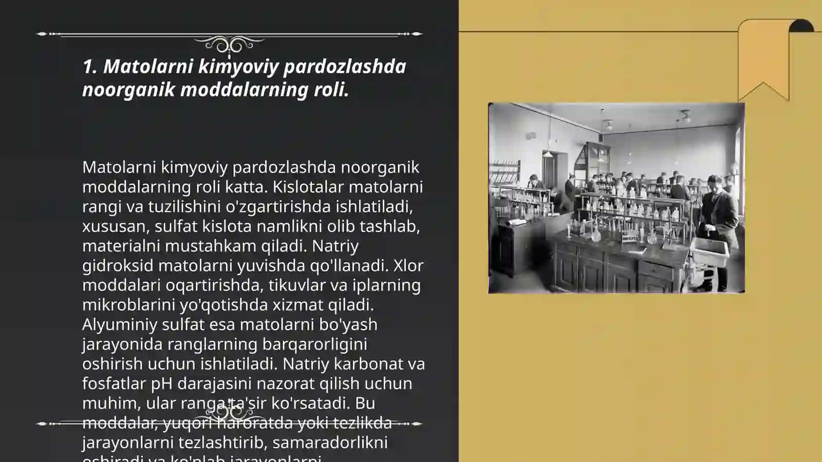 Matolarni kimyoviy pardozlash, teri va moʻynaga ishlov berish jarayonlarida noorganik moddalarning qoʻllanilishi 3