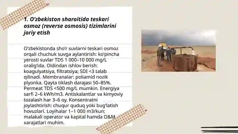 Oʻzbekiston sharoitida shoʻr suvlardan chuchuk suvlar olish texnologiyasi 3
