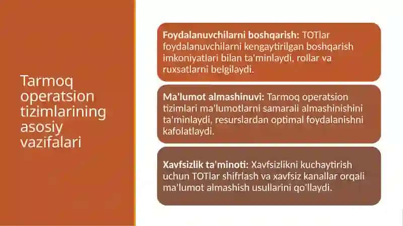 Tarmoq operatsion tizimlari. Tarmoqlarda qo'llaniladigan operatsion tizimlar va ularning turlari. 3