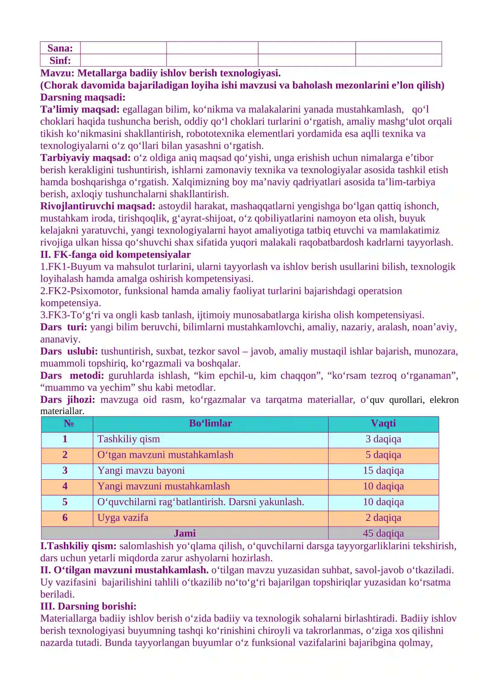 III chorak tuzilgan 7-sinf texnologiya fanidan o‘g‘il bolalar uchun taqvimiy mavzu rejasi 3