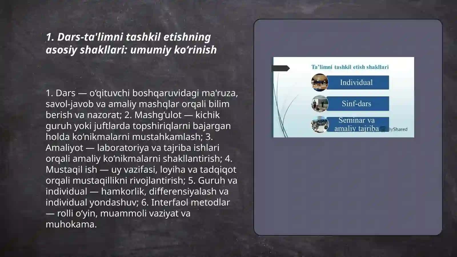 Dars-ta'limni tashkil etishning asosiy shaklari: umumiy ko‘rinish 3