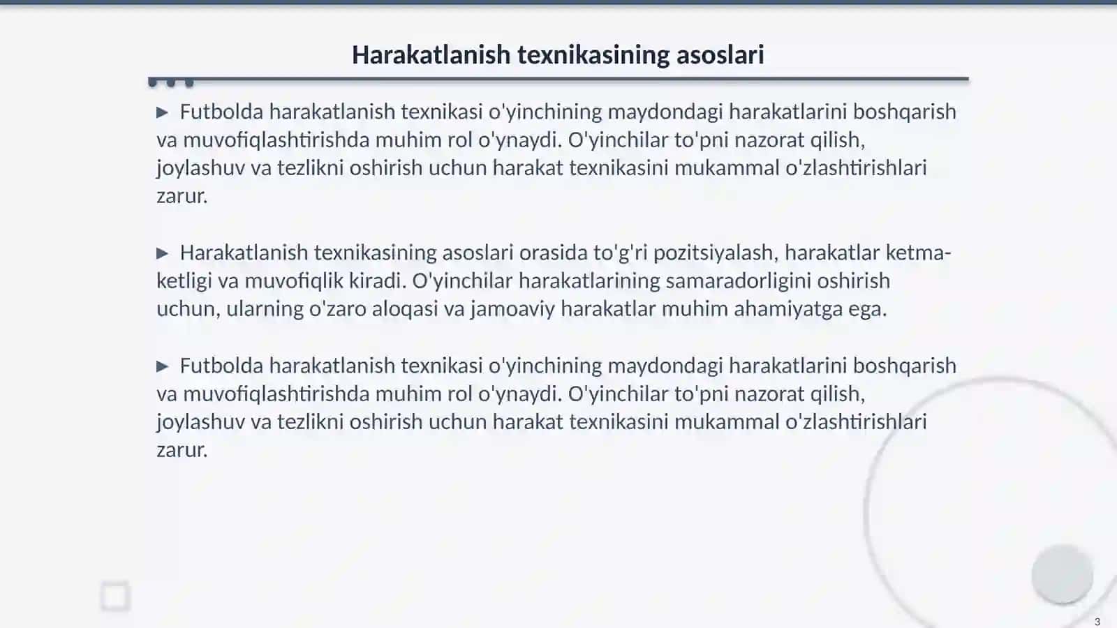 Futbol oʻyinida harakatlanish texnikasini oʻrgatish 3