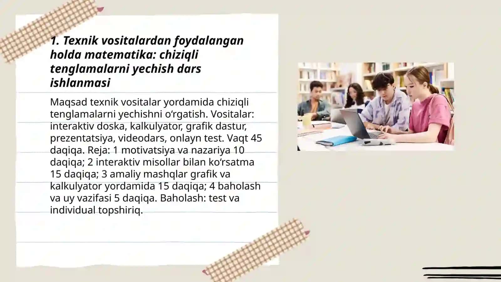 Texnik vositalardan foydalangan holda matematika: chiziqli tenglamalarni yechish dars ishlanmasi 3