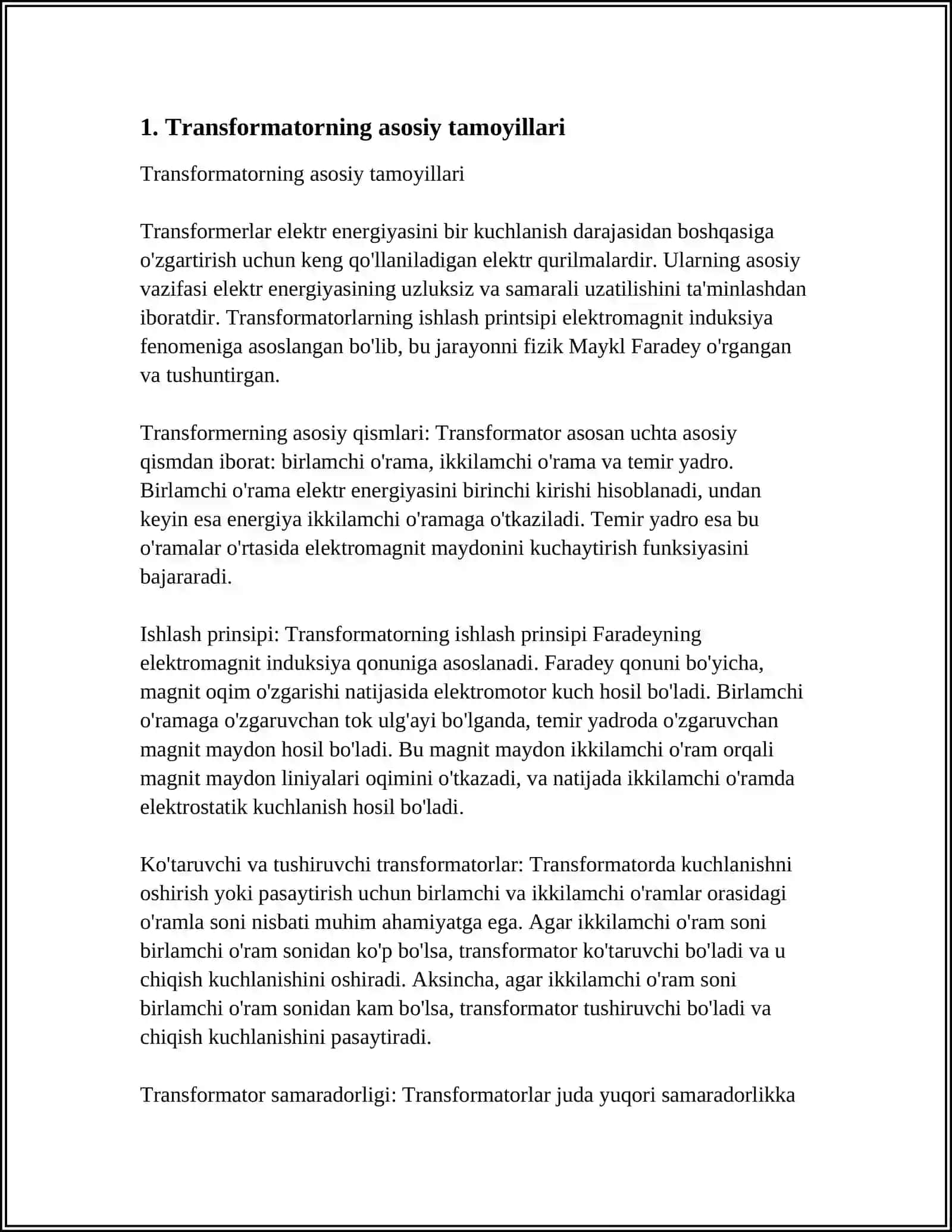 MUSTAQIL ISH Mavzu: TRANSFORMATORLAR 3