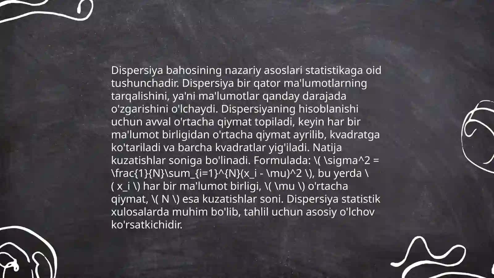 Dispersiya bahosining xossalari va tanlanmaning to'g'rilangan dispersiya statistik baholar qurish uslublari ishonchlilik intervallari 3