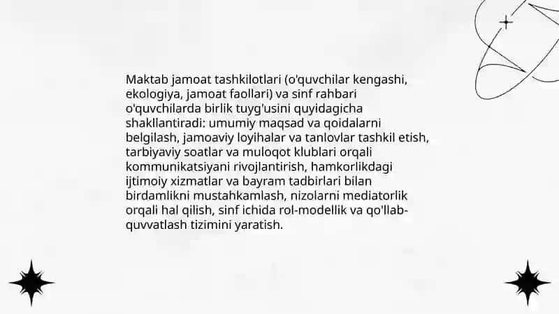 Maktab jamoat tashkilotlari va sinf rahbarining o'quvchilarda birlik tuyg'usini shakllantirishdagi roli 3