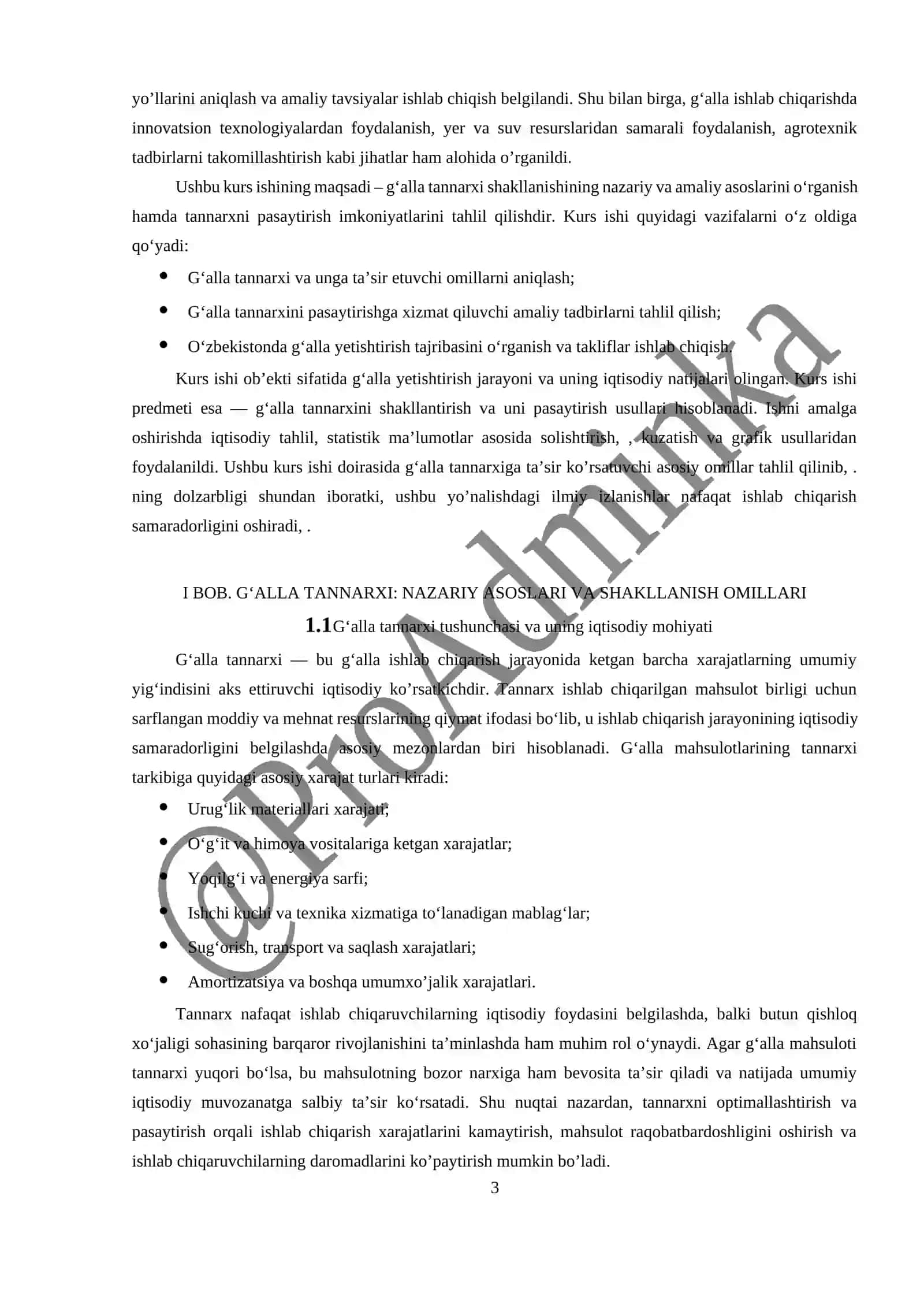 O’ZBEKISTON RESPUBLIKASI GURUH KURS ishi 2025: GʻALLA TANNARXI VA UNI PASAYTIRISH YOʻLLARI 3