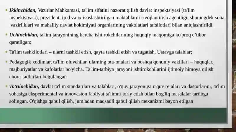 O'ZBEKISTON RESPUBLIKASIDA TA'LIM  SOHASIDA AMALGA OSHIRILGAN ISLOHOTLAR 3