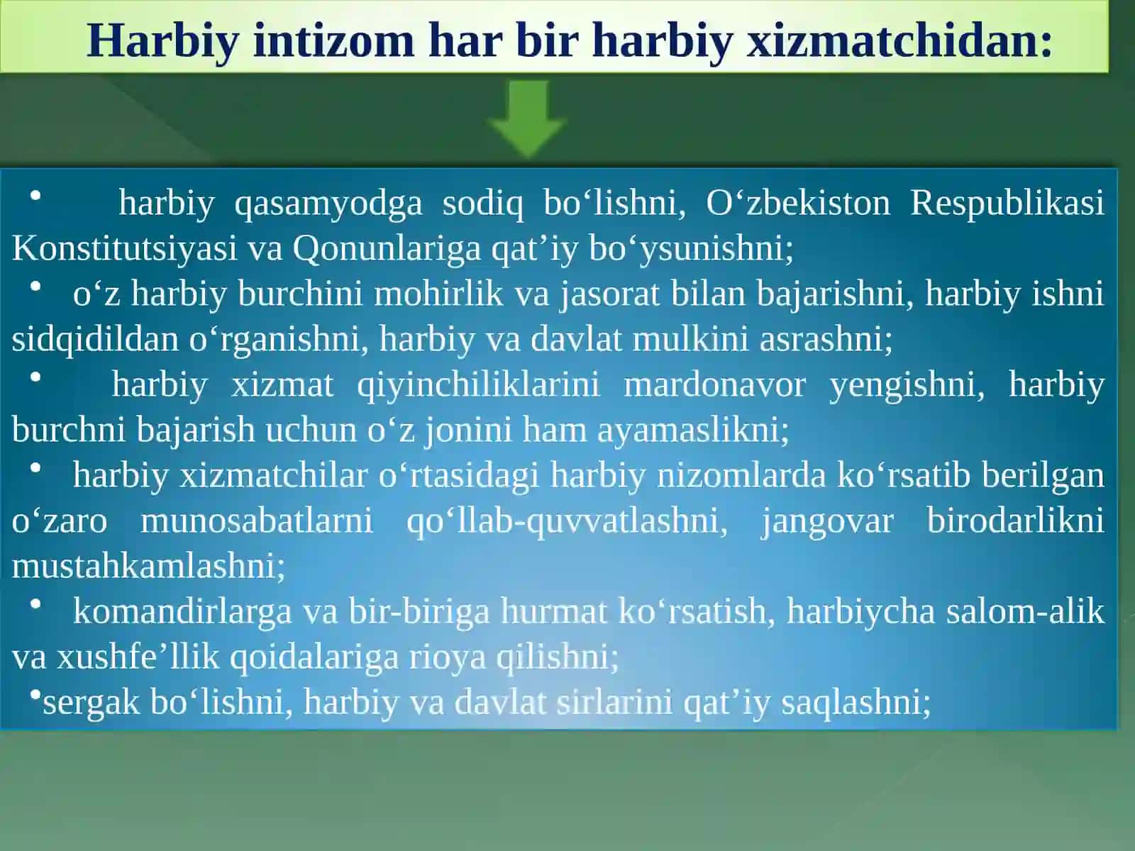 Harbiyintizom va harbiy hizmatchilarning majburyatlari 3