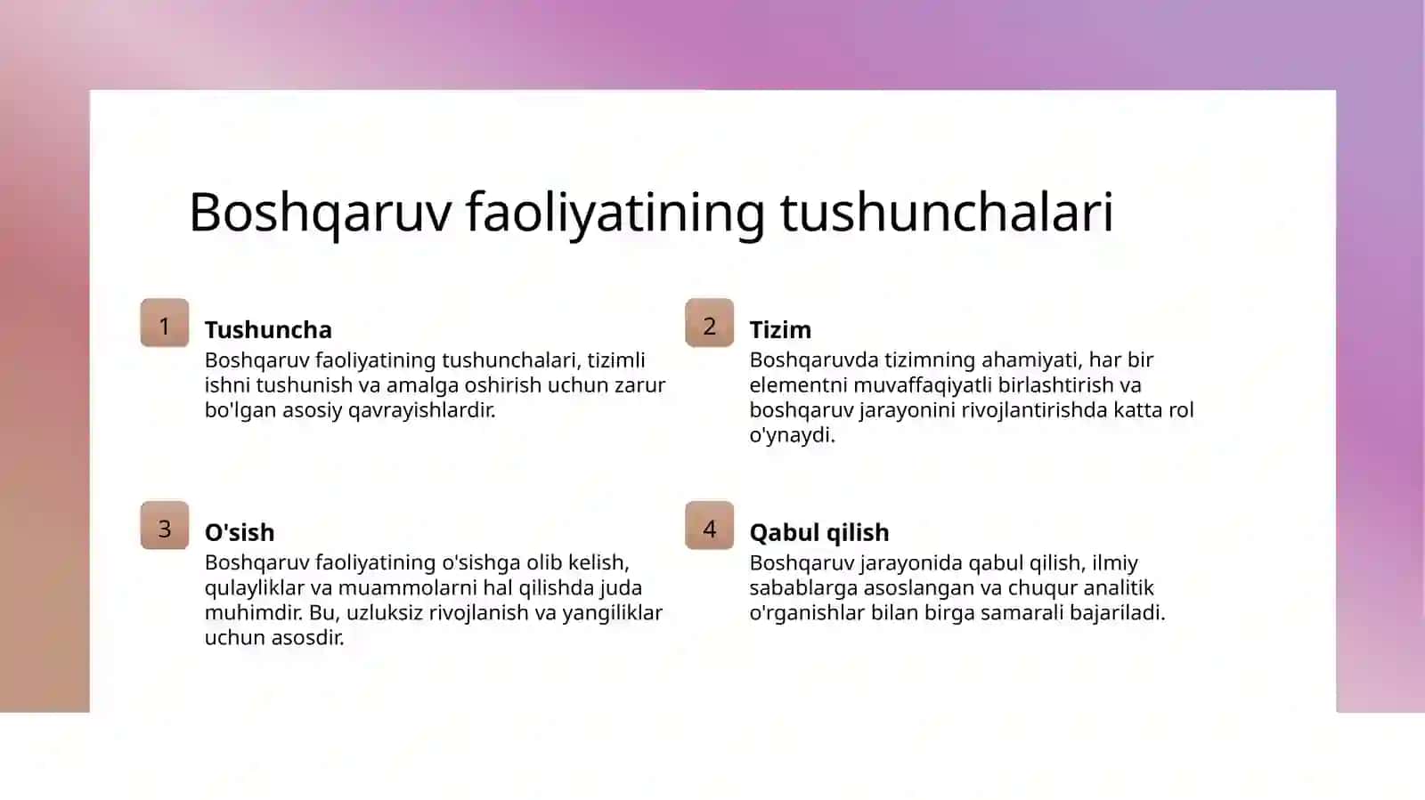 Boshqaruv faoliyatining elementlari va ulardan boshqaruv jarayonida samarali foydalanish 3