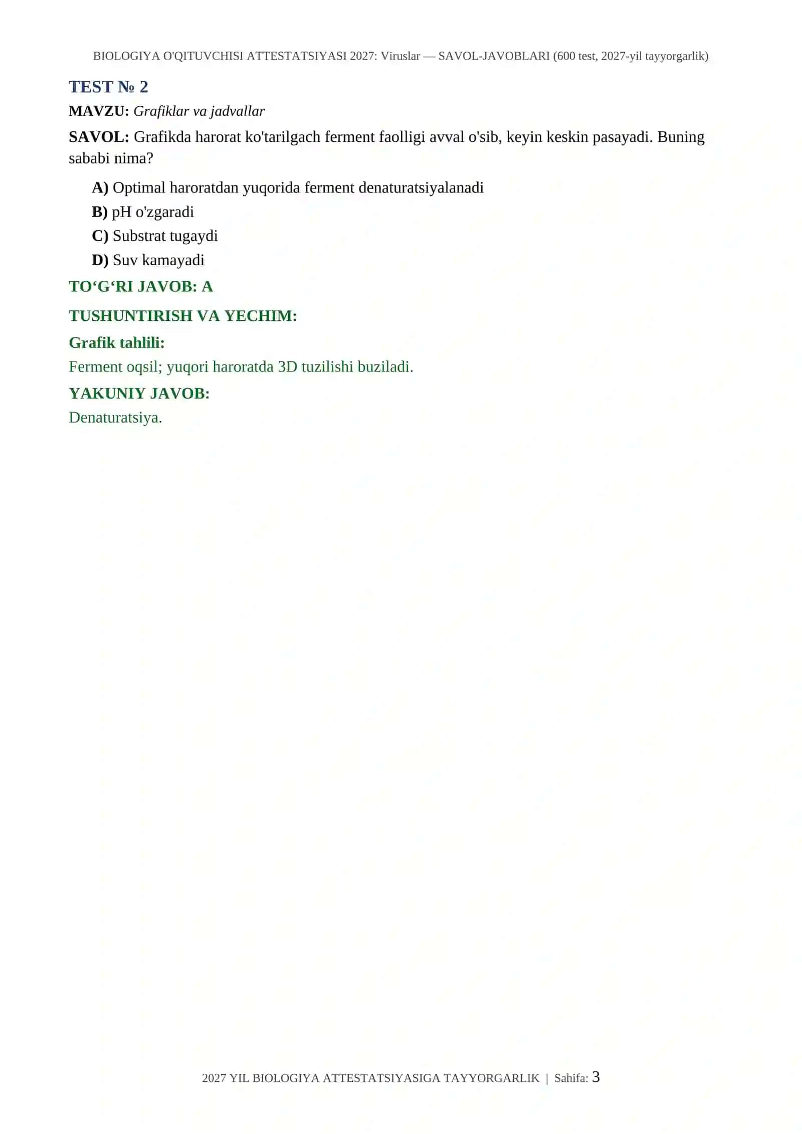 BIOLOGIYA O'QITUVCHISI ATTESTATSIYASI 2027: Viruslar — SAVOL-JAVOBLARI (600 test, 2027-yil tayyorgarlik) 3