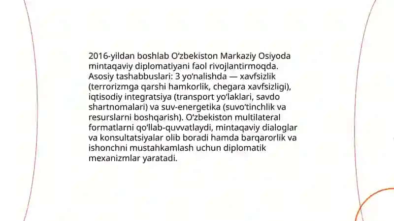 O‘zbekistonning Markaziy Osiyoda tinchlik va barqarorlikni ta'minlashdagi o‘rni 3