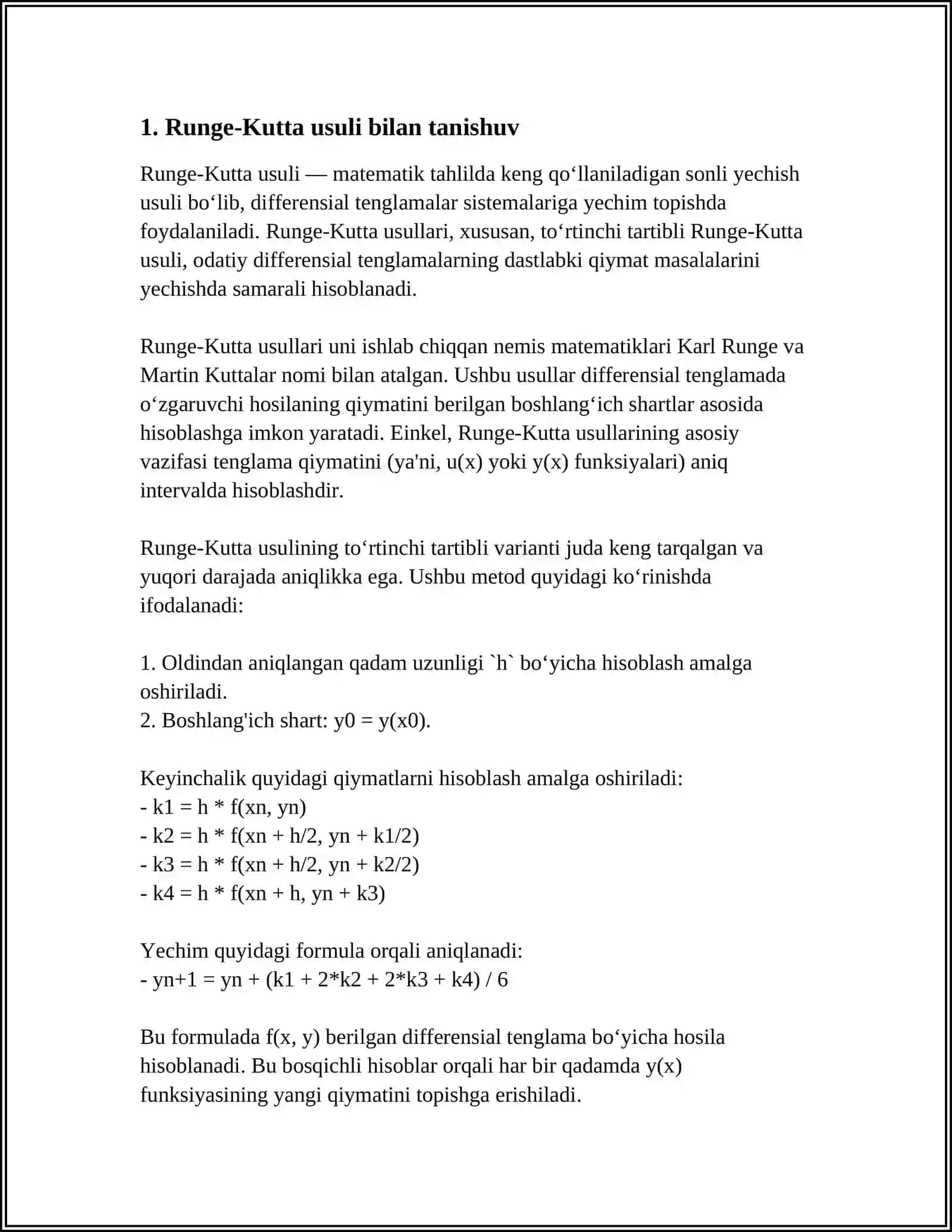 RUNGE KUTTA USULI YORDAMIDA IKKINCHI DARAJALI DIFERENSIAL TENGLAMA YECHISHNI SONLI USULI 3