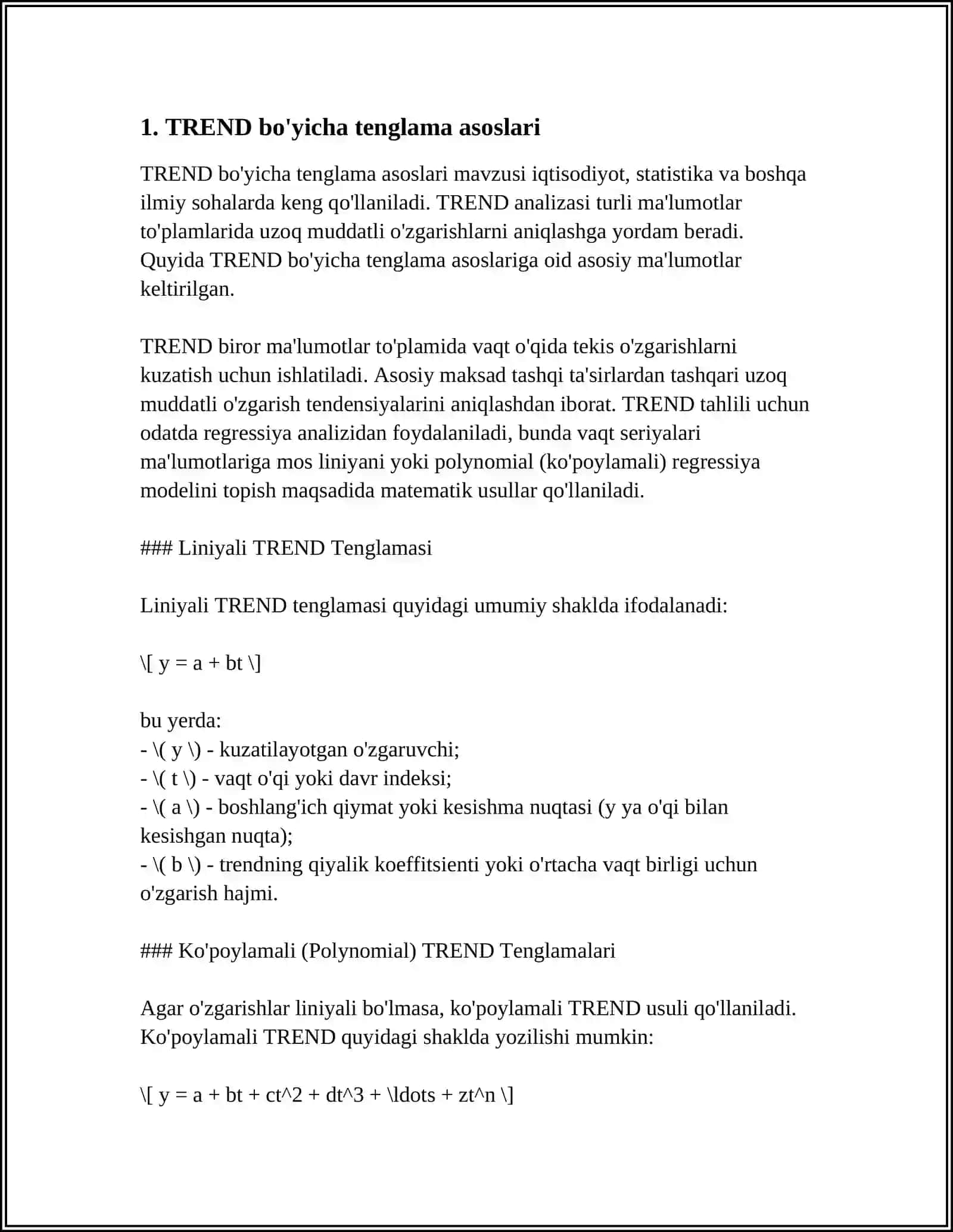 TREND BO'YICHA TENGLAMASI QIYMATLARNI TEKSLASH IMITATSION USULI SENARIY USULI 3