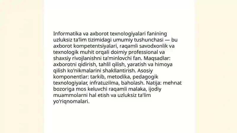 Informatika va axborot texnologiyalari fanining uzluksiz taʼlim tizimida tutgan oʻrni boʻyicha infografika yaratish 3