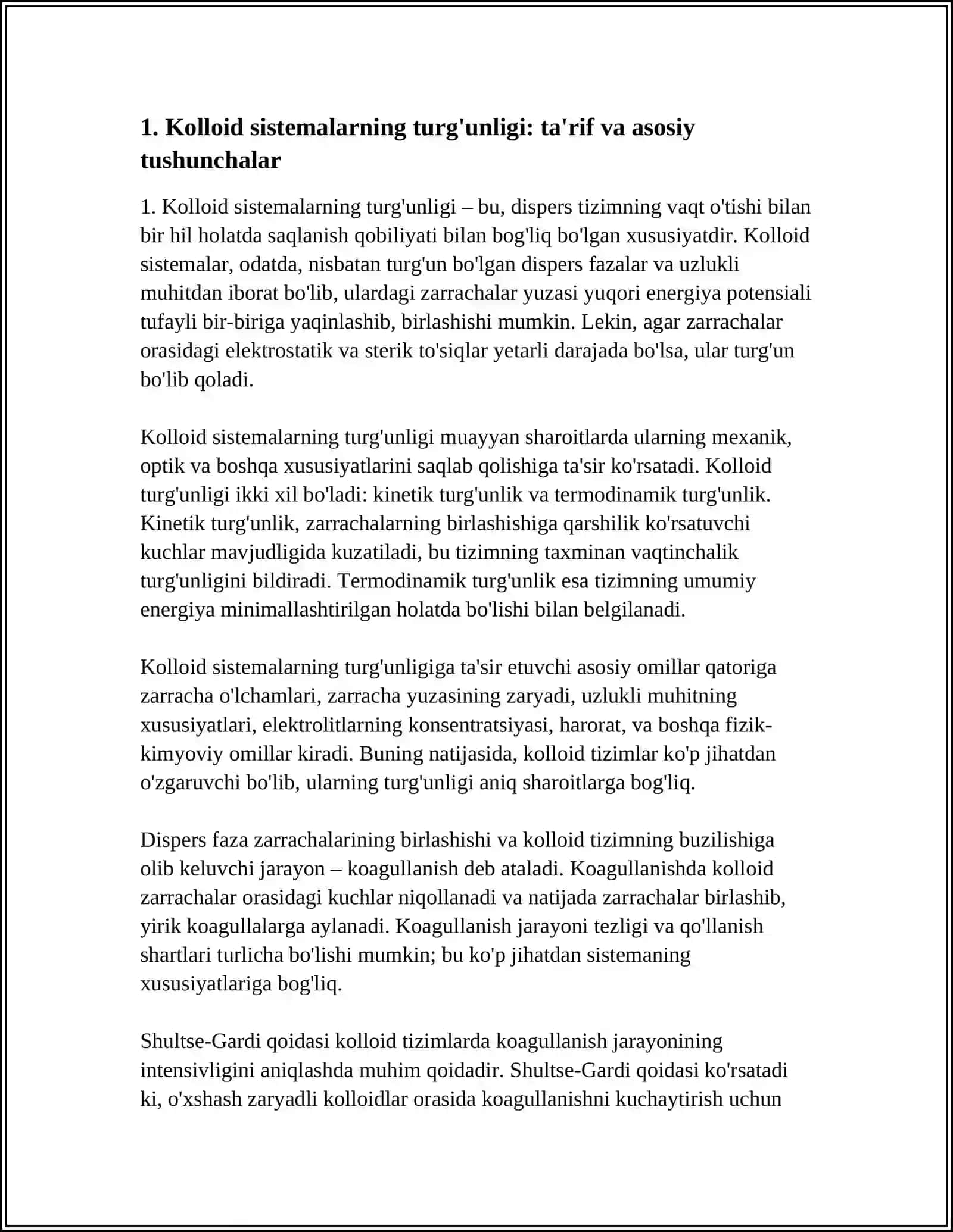 Kolloid sistemalarning turg'unligi. Koagullanish. Shultse-Gardi qoidasi 3