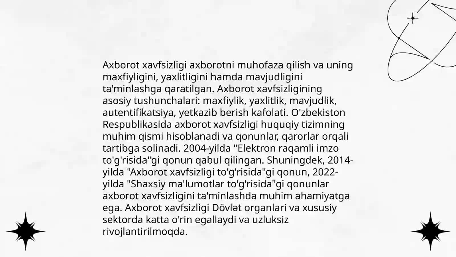 O'zbekistonda Axborot xavfsizligining ma'naviy va huquqiy asoslari ularning huquqiy xujjatlardagi ifodasi 3
