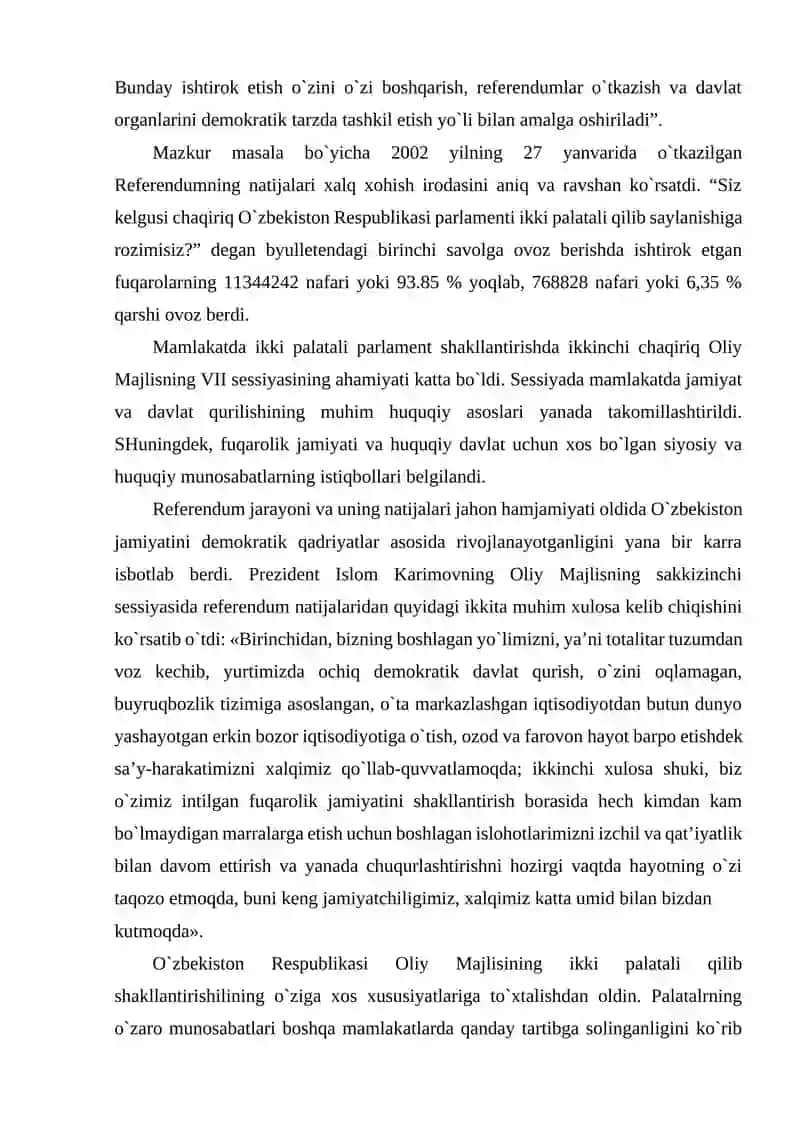 O'zbekistonda ikki palatali parlamentning shakllanishi qonunchilik palatasi va senat faoliyati 3