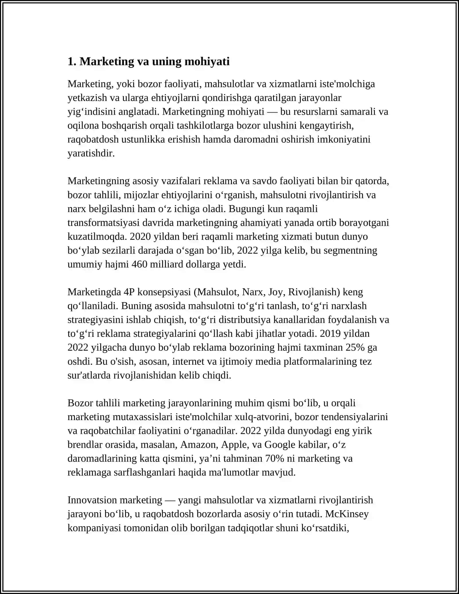 MARKETING VA UNING BOZORDAGI O’RNI 3