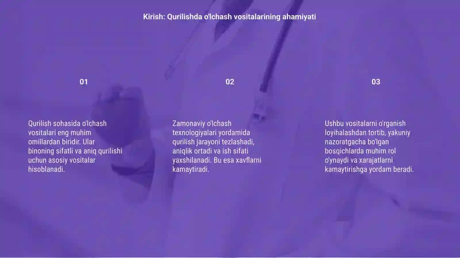 Qurilish sohasida foydalaniluvchi zamonaviy ulchash vositalarini organish 3