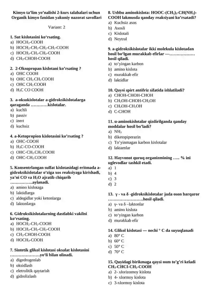 Organik kimyo fanidan yakuniy nazorat savollari 3