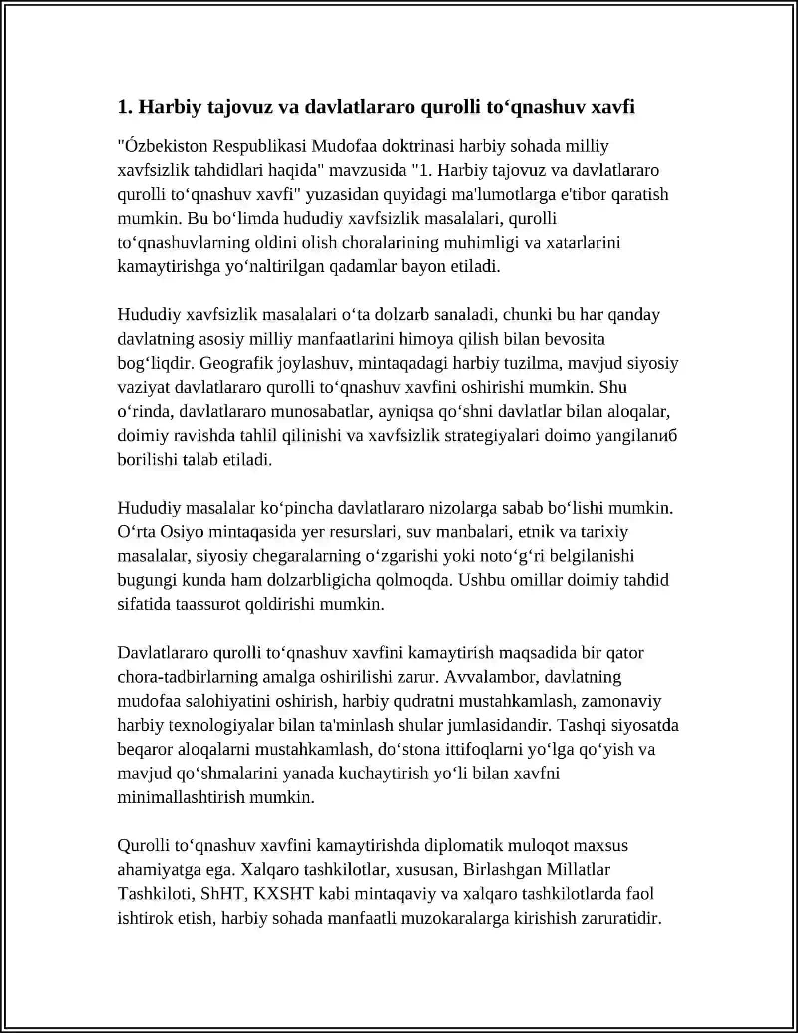 Harbiy tajovuz va davlatlararo qurolli to‘qnashuv xavfi 3