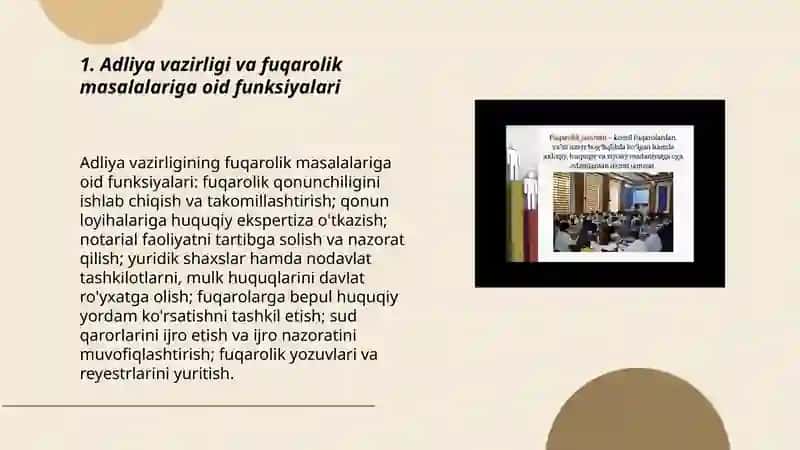Adliya vazirligi va fuqarolik masalalariga oid funksiyalari 3