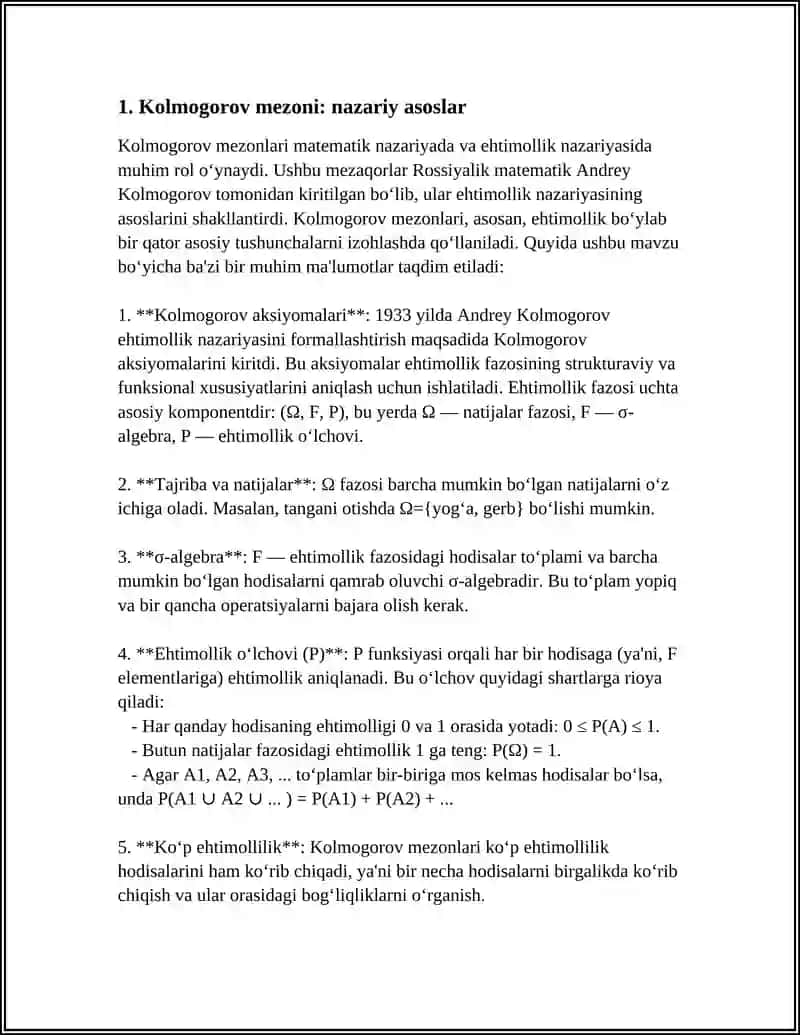 Kolmogorov Mezoni Yordamida Tasodifiy Miqdorlarning Taqsimot Qonuni Tekshirish 3