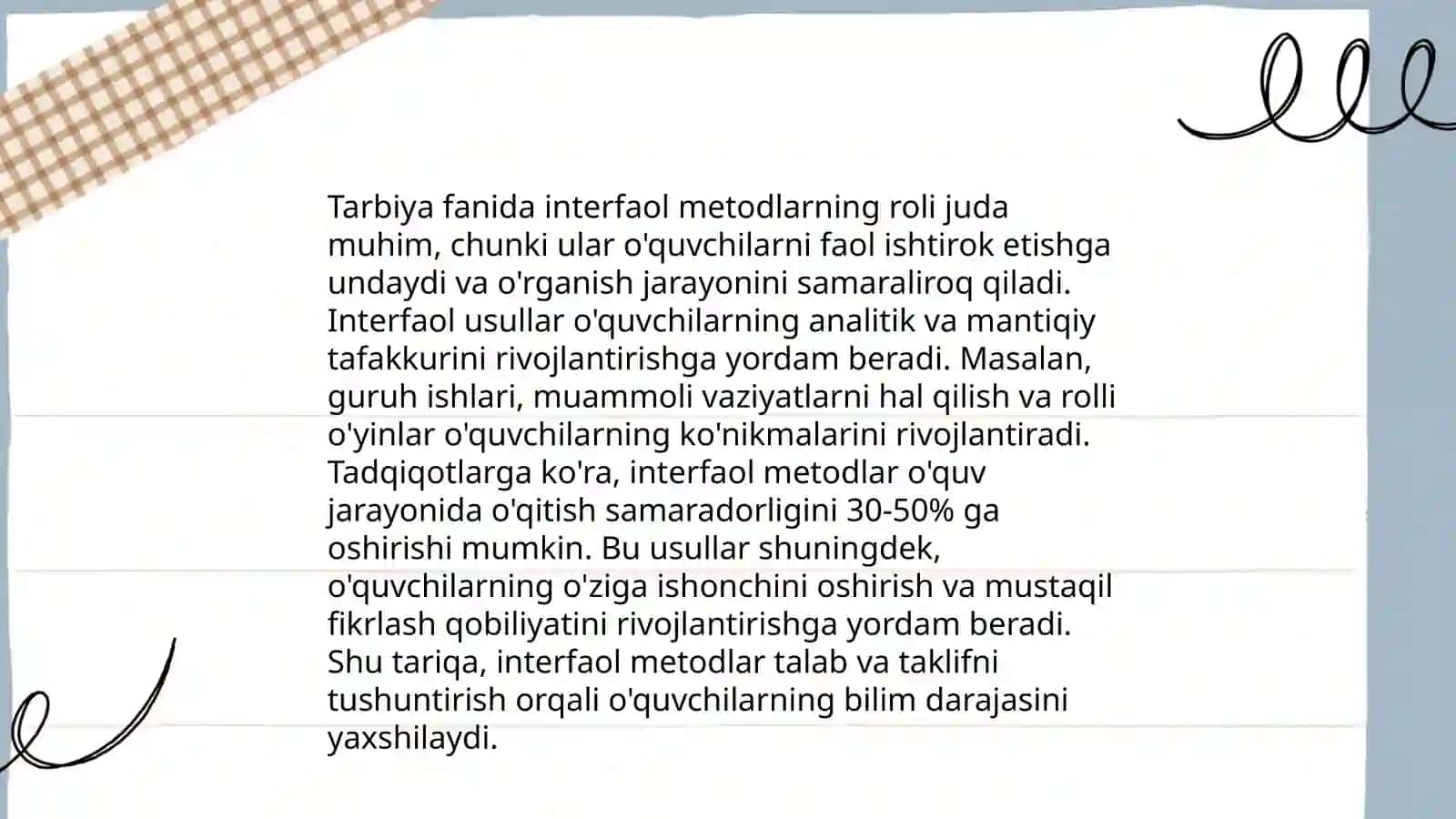 Tarbiya fanini oʻqitishda qoʻllaniladigan interfaol metodlar va ularning faol oʻqitishni amalga oshirishdagi ahamiyati 3
