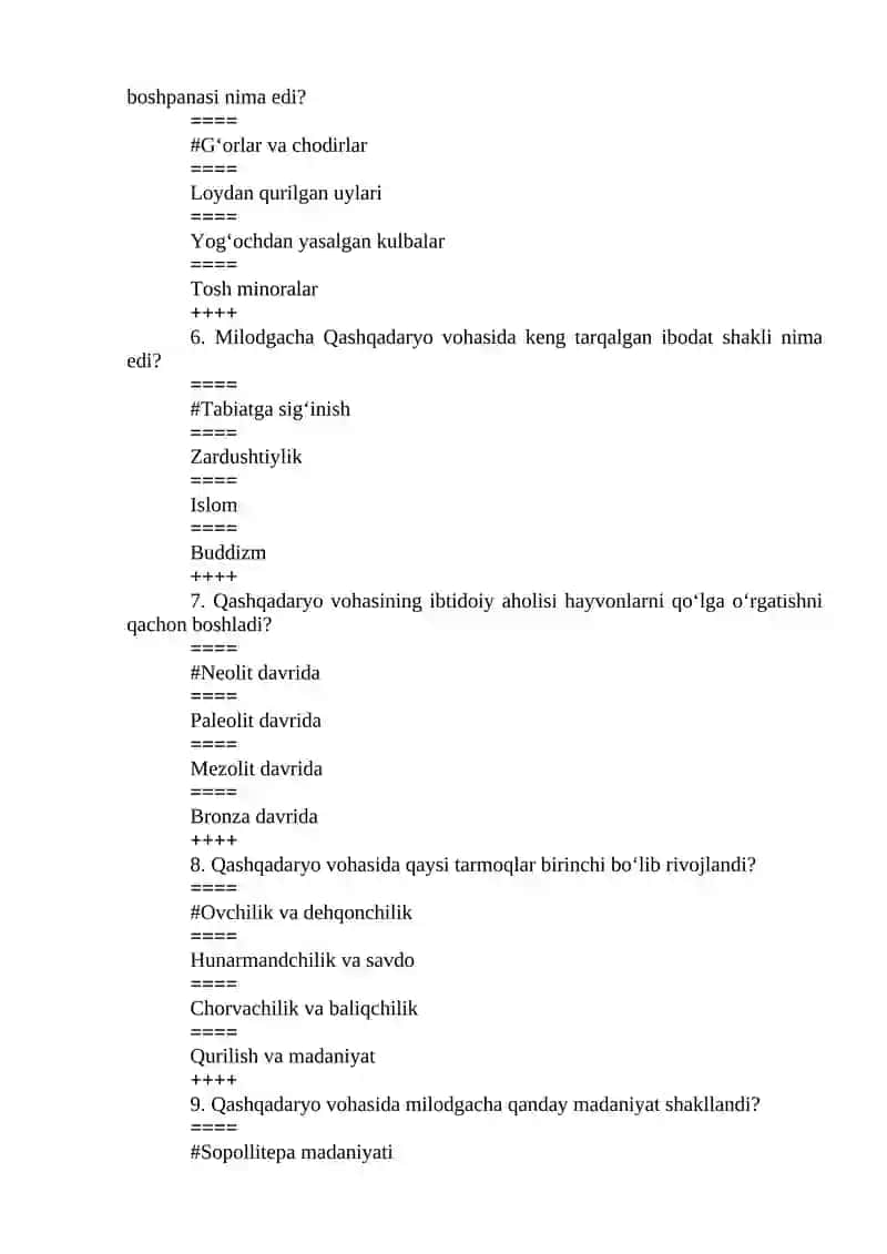 QASHQADARYO TARIXI TEST SAVOLLARI 3