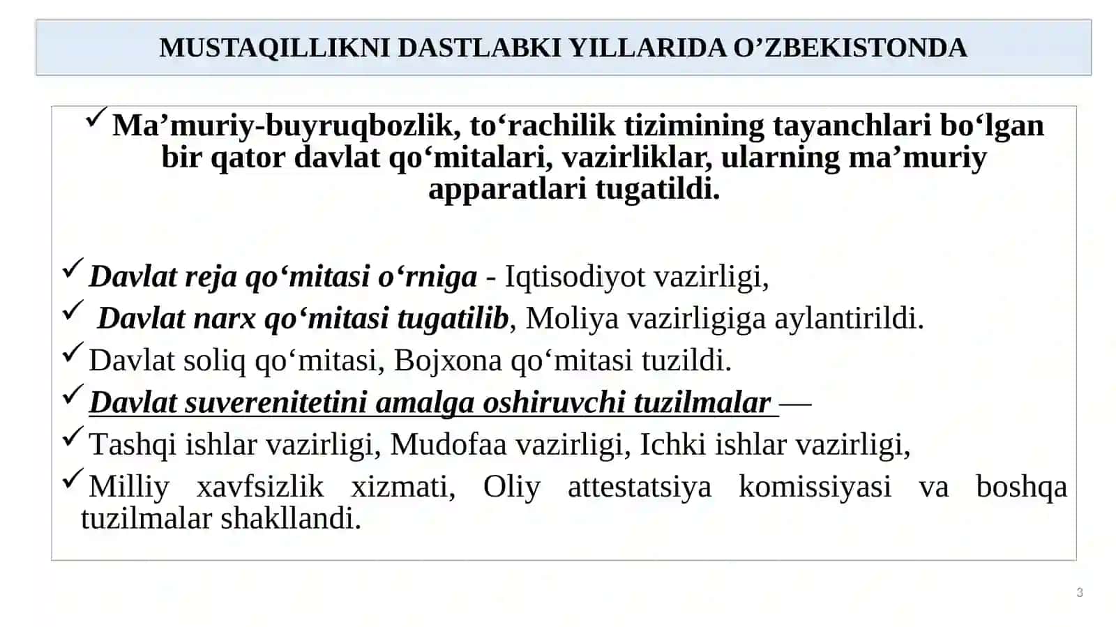 O‘ZBEKISTONDA DEMOKRATIK, FUQAROLIK JAMIYATI ASOSLARINING SHAKLLANISHI, AMALGA OSHIRILGAN SIYOSIY ISLOHOTLAR 3