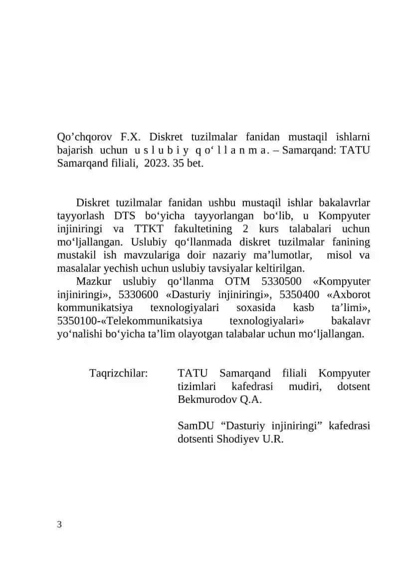 Diskret tuzilmalar fanidan mustaqil ishlarni bajarish uchun uslubiy qo‘llanma 3