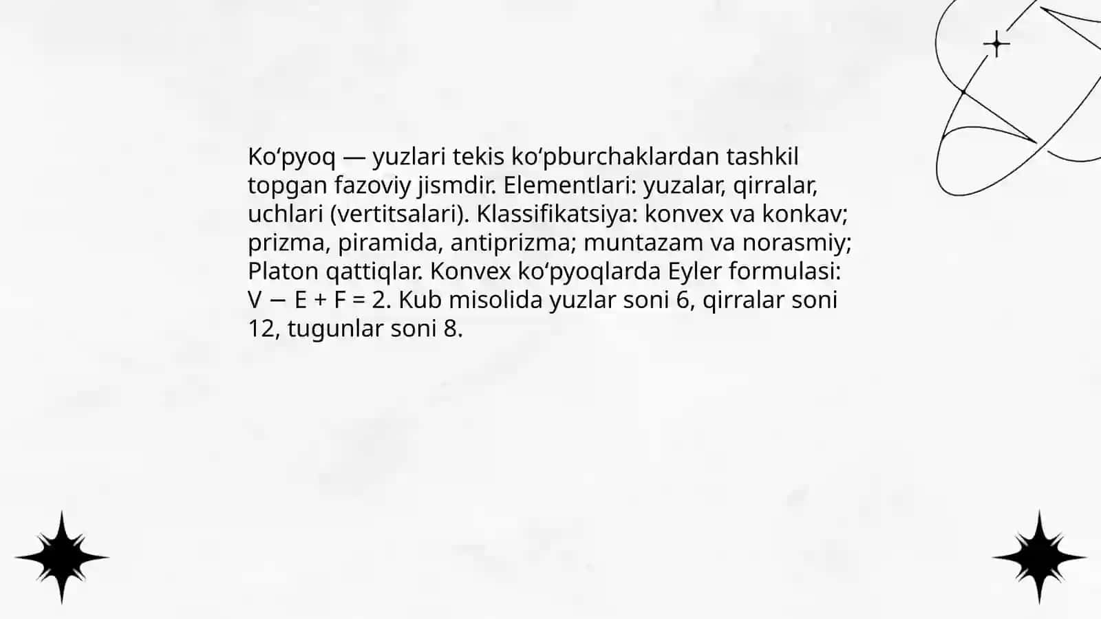Koʻpyoq.Toʻğri burchakli parallelepepid. Fazoviy shakllar. Kub va buning elementlari 3